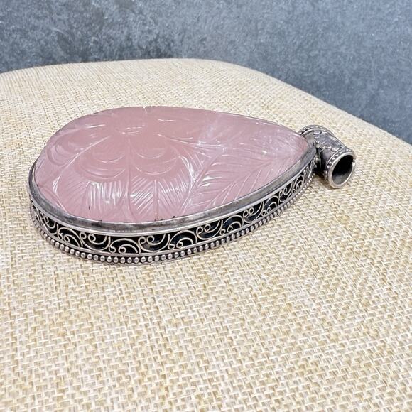 Vitnage Large Teardrop Carved Rose Quartz Sterling Silver Pendant Over 3 Inch - Picture 5 of 11